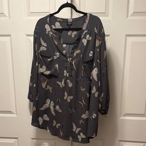torrid Charcoal Butterfly Print Tunic with Cream and Brown Accents